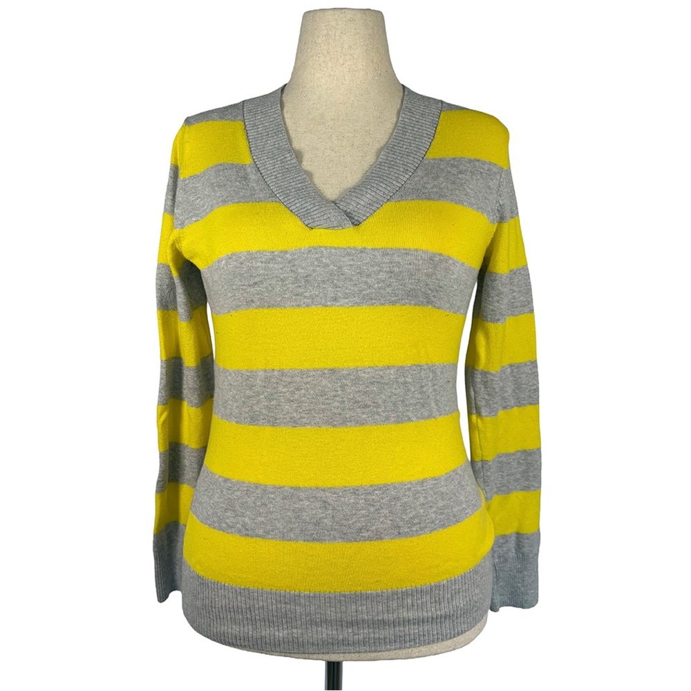 Gap Striped Crossover V-Neck Sweater Yellow Gray Preppy Casual | Size Medium